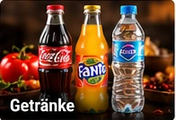 Flaschen mit Cola, Orangenlimonade und Wasser