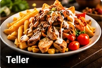 Teller mit Hähnchen-Schawarma, Pommes und Tomaten