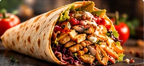 Wrap gefüllt mit gegrilltem Hähnchen, Salat und Tomaten
