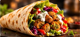 Wrap gefüllt mit Falafel-Bällchen, Salat und heller Sauce