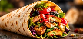 Gefüllter Wrap mit gegrillter Füllung, Salat und Paprika