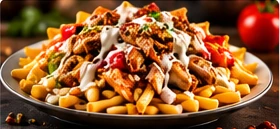 Pommes mit Schawarma-Fleisch, Tomaten und heller Sauce